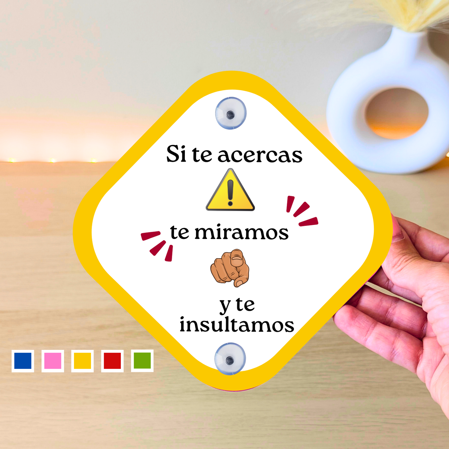 Placa para coche con ventosa – “En este coche te miramos y te insultamos”