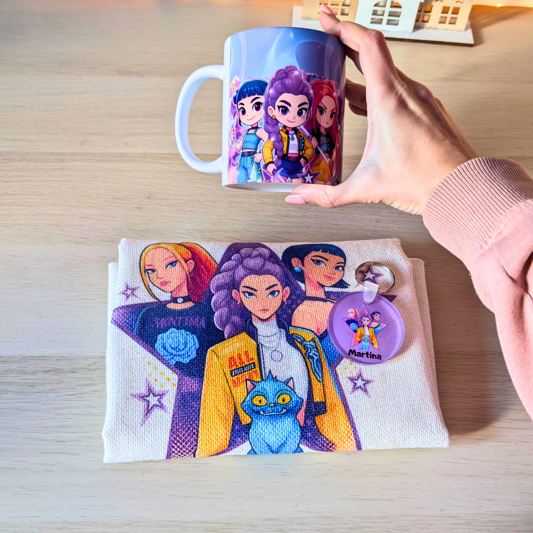 Pack Kpop Huntrix  Personalizado: Taza + Mochila o Tote + Llavero